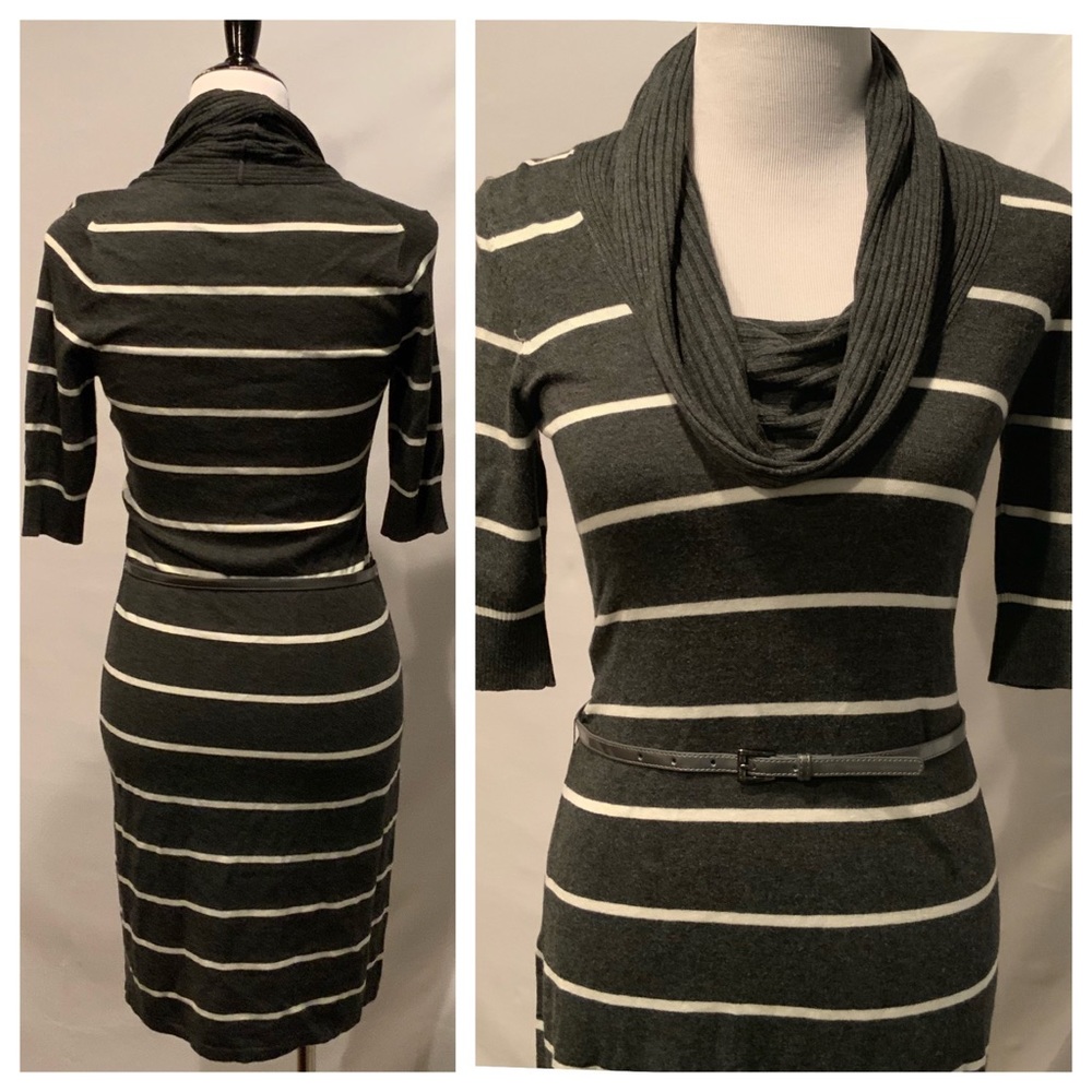 Cowl neck 3/4 sleeve grey & white stripe dress